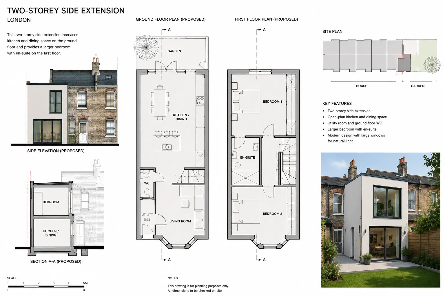 Architectural plans for a two-storey side extension in London