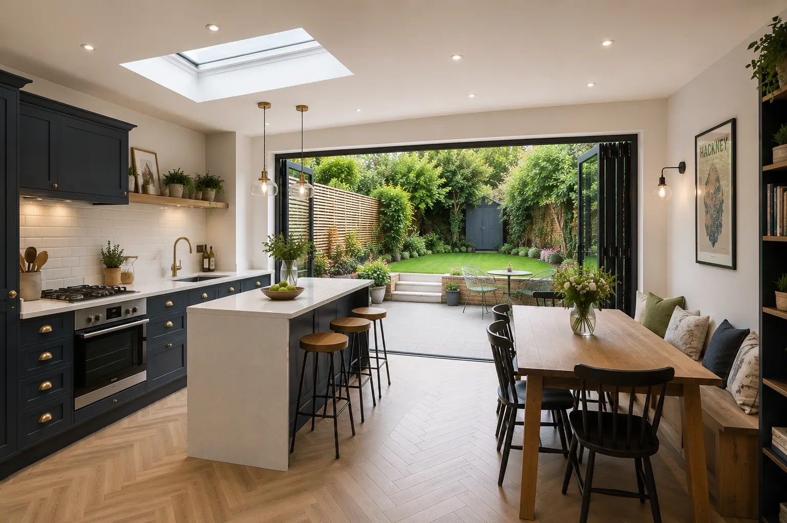 Side return kitchen extension in Crouch End with bi-fold doors to the garden