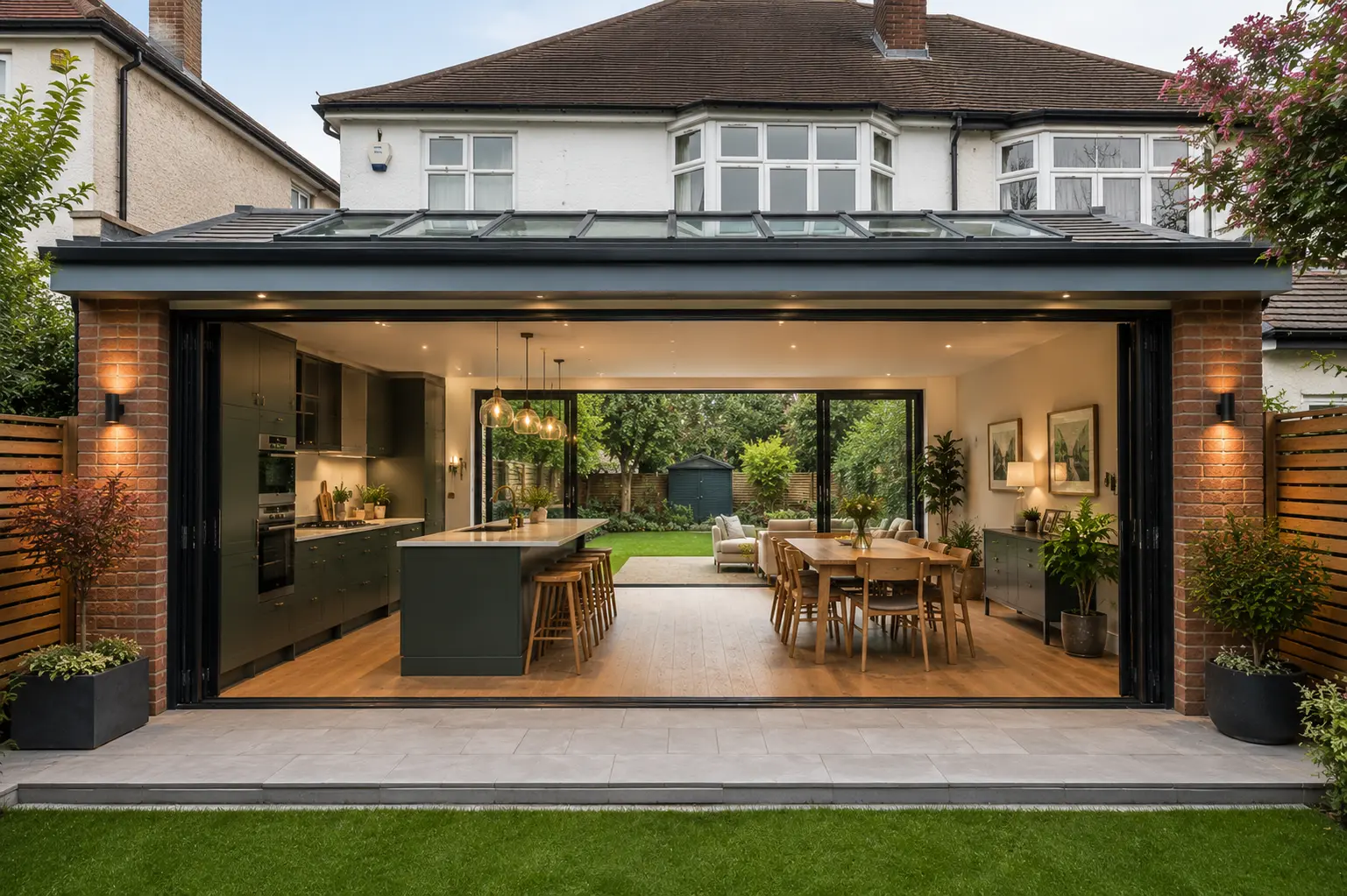 Rear kitchen extension on a 1930s semi in Croydon with full-width glazing to the garden