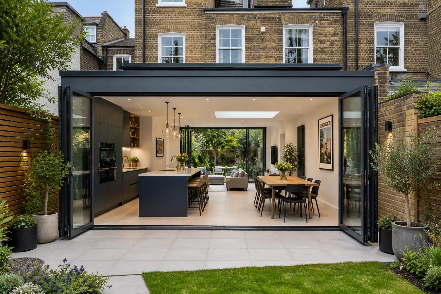 Design and build home extension in London with open-plan kitchen and glass doors