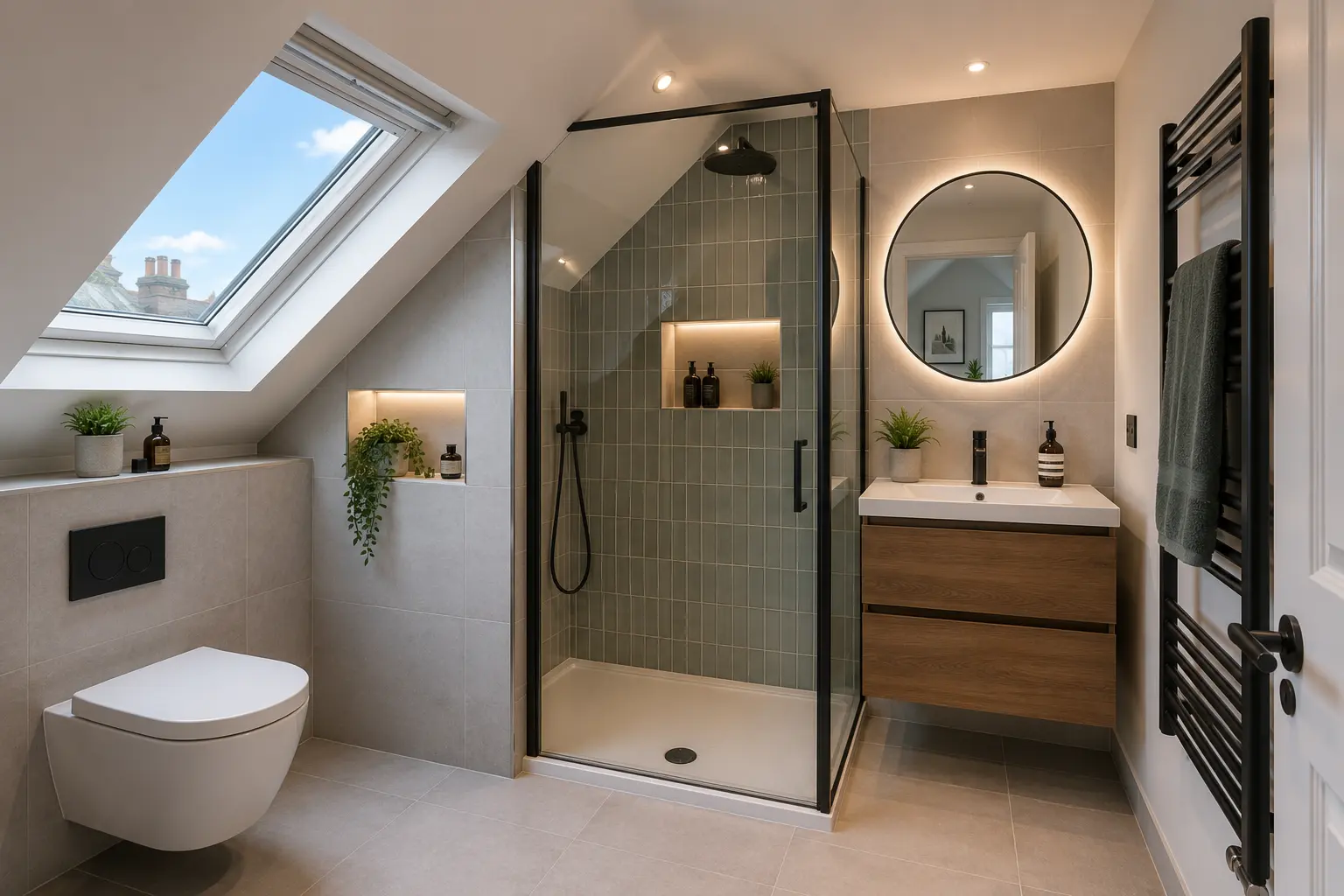 Loft conversion shower room in East London with rooflight