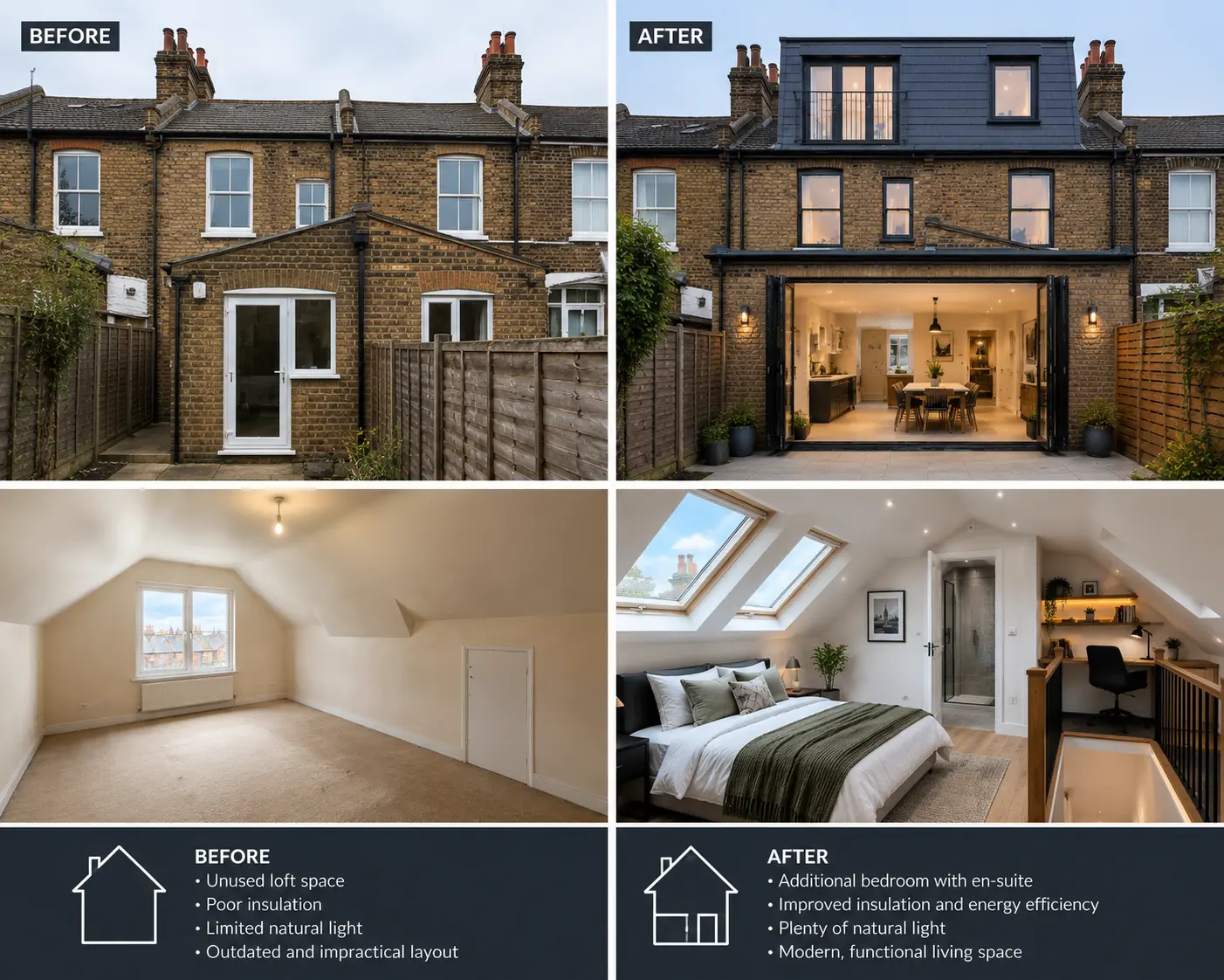 Before and after loft conversion project in East London