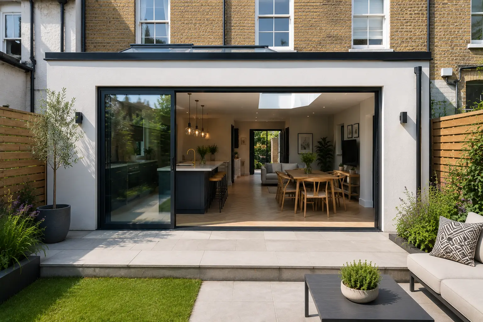 Modern flat roof extension in London with slim sliding doors and garden connection