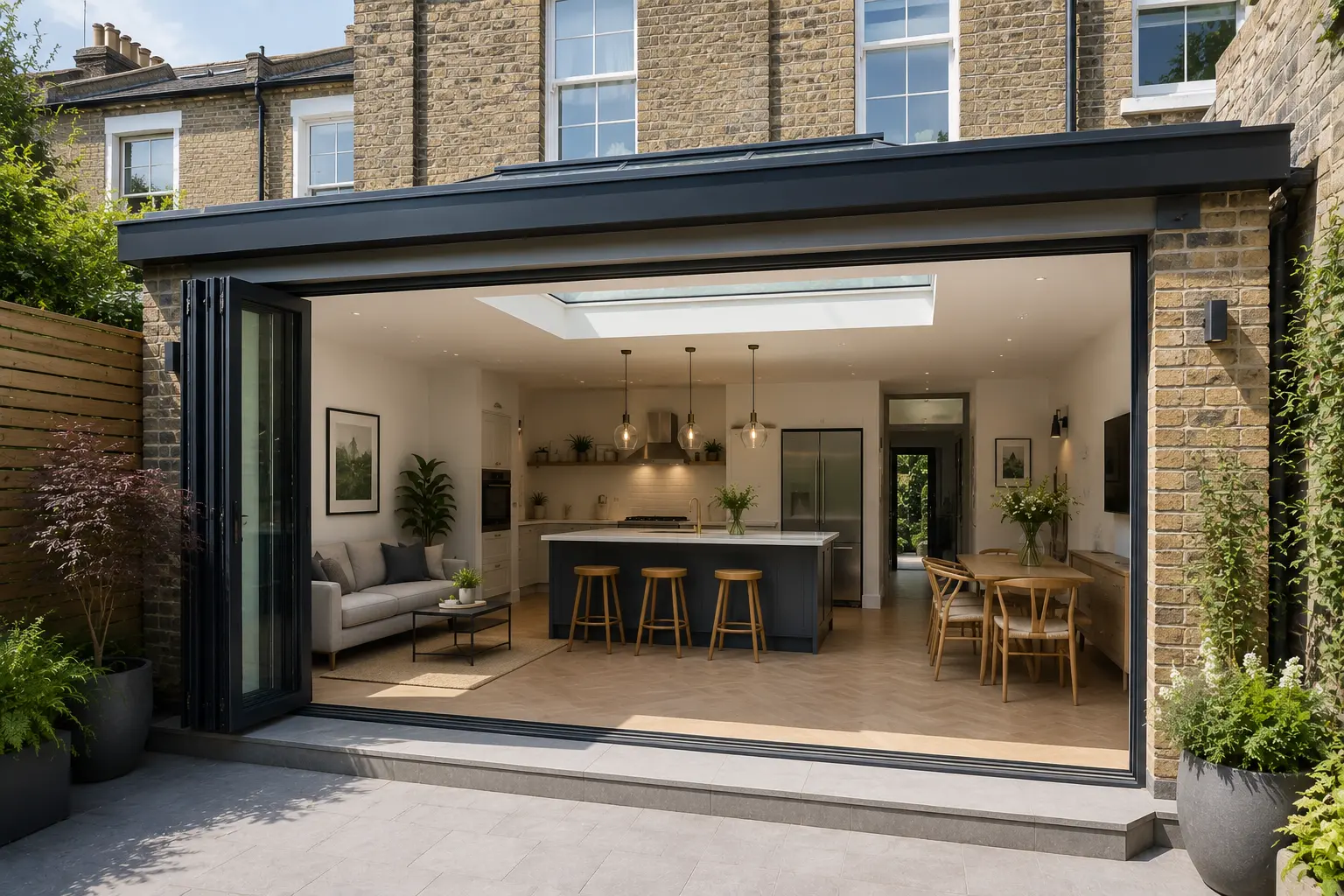 Flat roof kitchen extension in London with large rooflight and open-plan layout