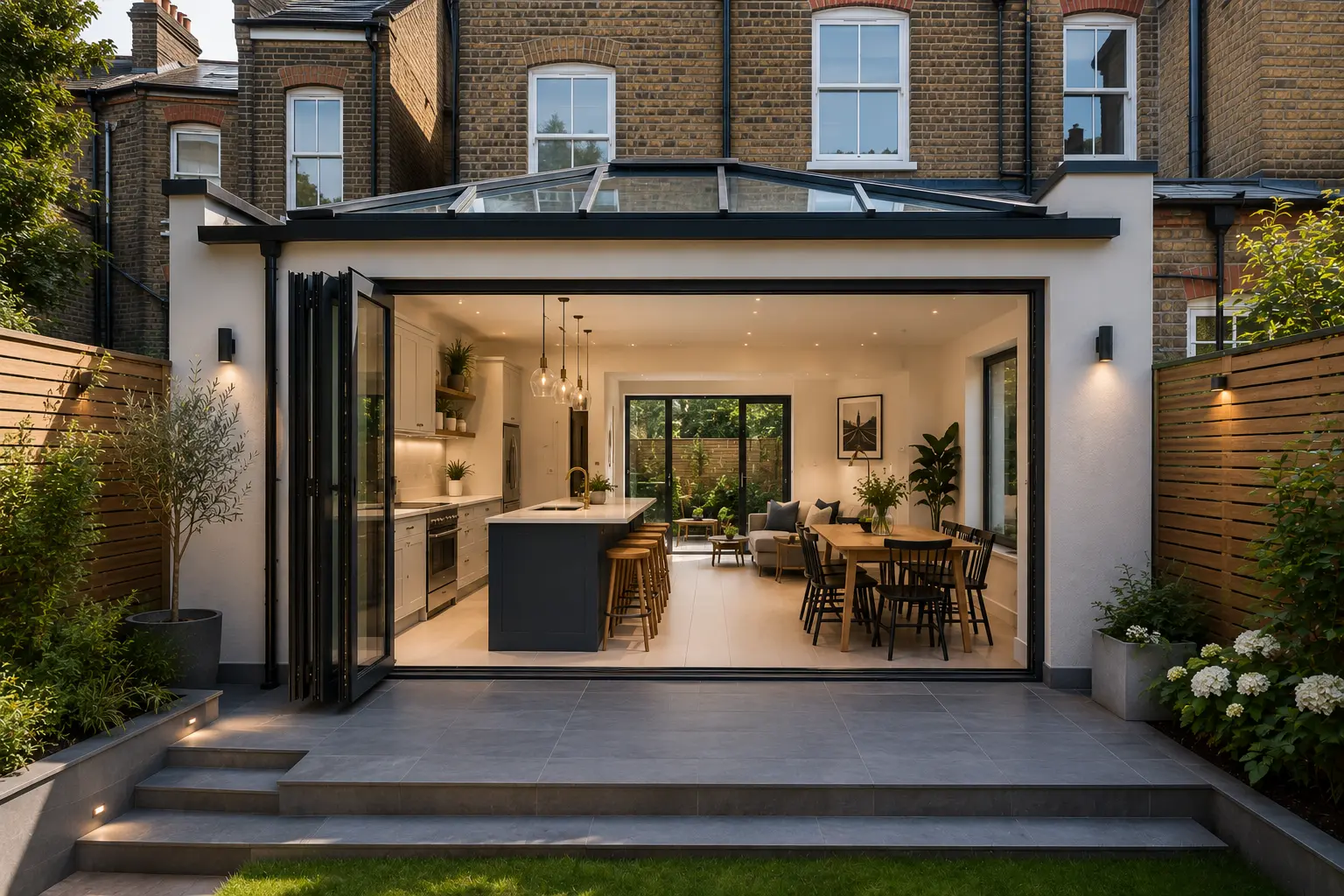 Modern London house with a glass-roof side-return extension and bi-fold doors