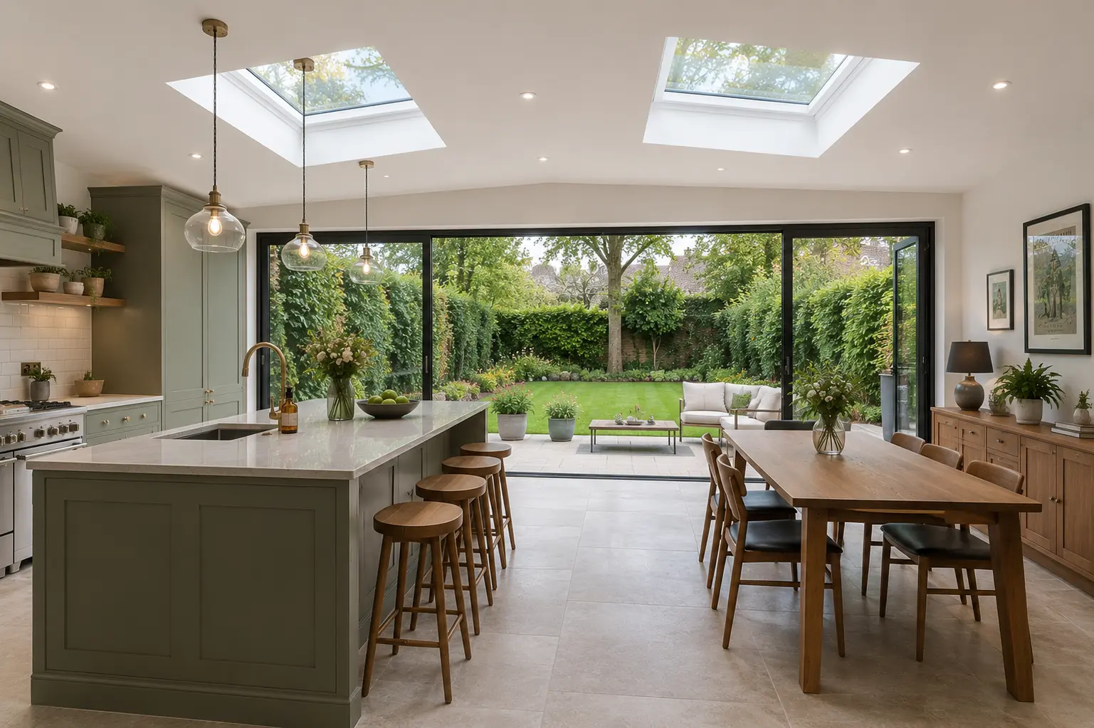 Kitchen extension in Highgate period home with rooflights and full-width glazing