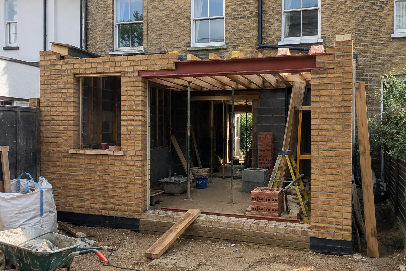 London home side extension under construction showing brickwork