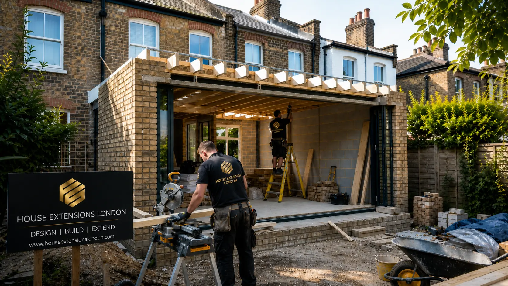 Builders constructing a double-storey house extension in London