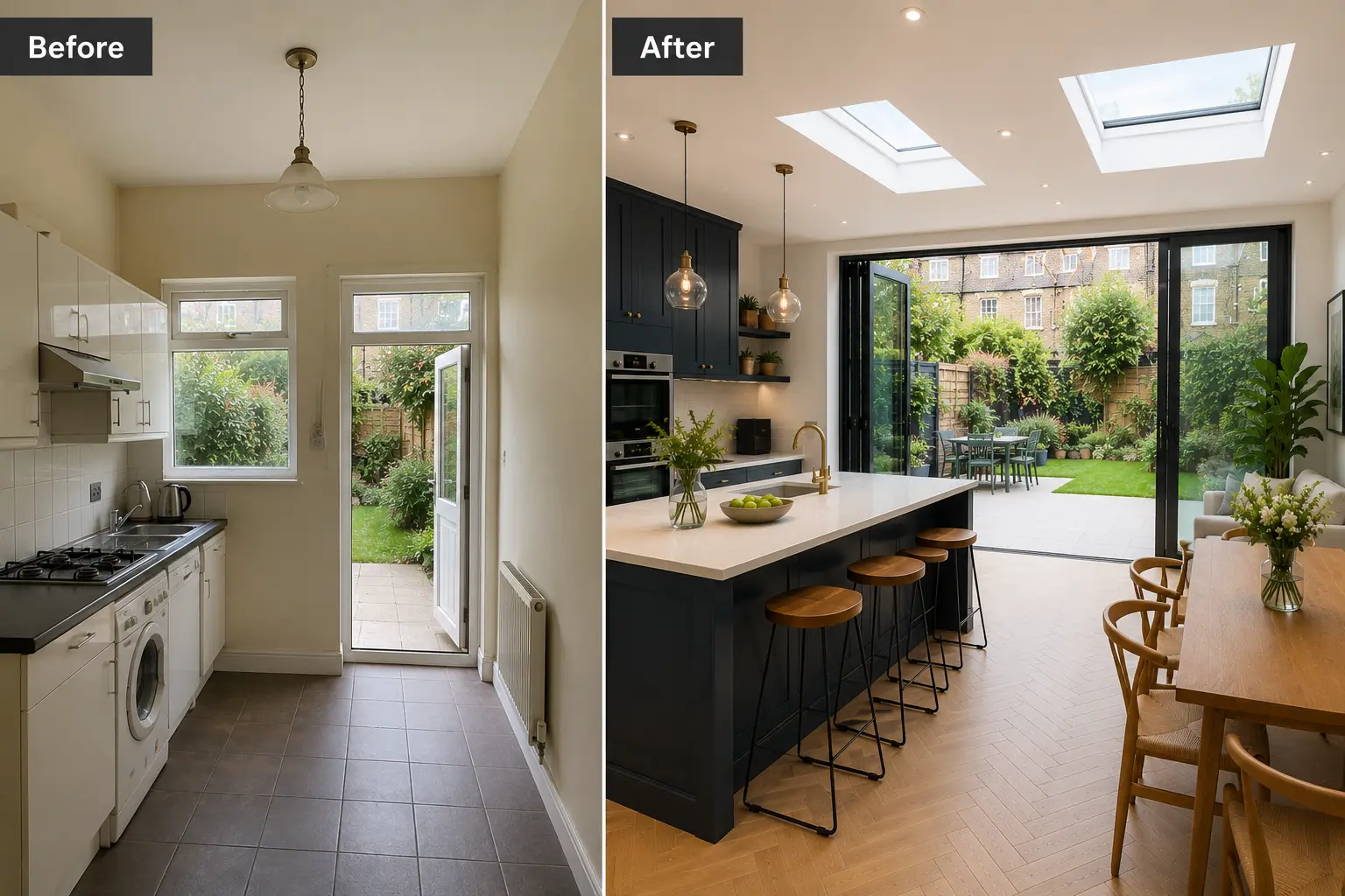 Before and after kitchen extension project in Acton, West London