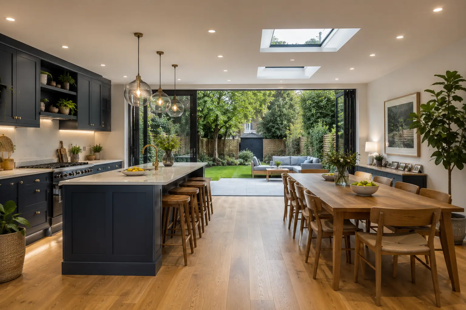 Kitchen extension in Wandsworth with rooflights, oak flooring and a large family dining area