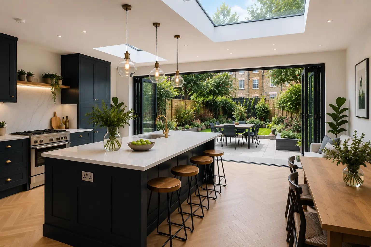 Kitchen island inside a completed Isleworth kitchen extension in West London