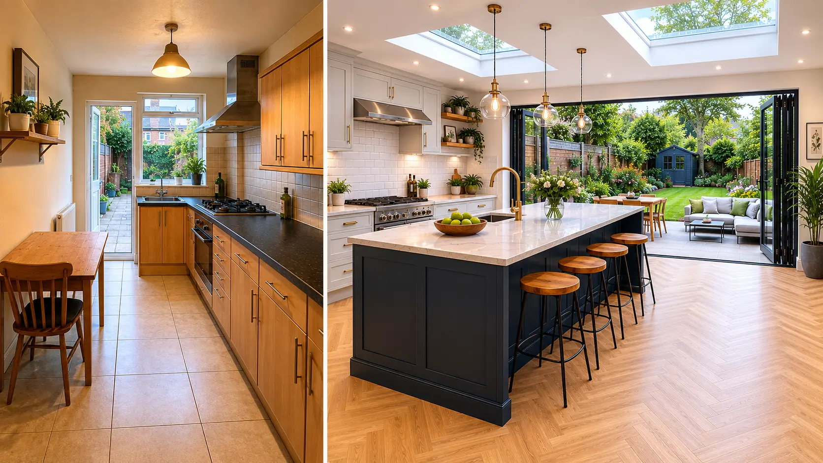 Before and after of a North London kitchen extension showing added width and natural light