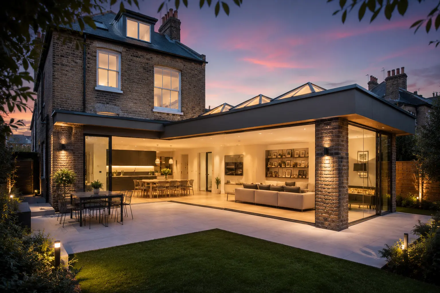 Wraparound house extension in North London with corner glazing, rooflights and a luxury open-plan family living space