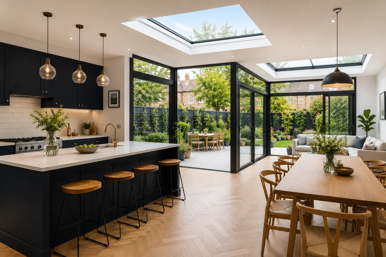 Open-plan kitchen extension in Brentford, West London with large island and dining space