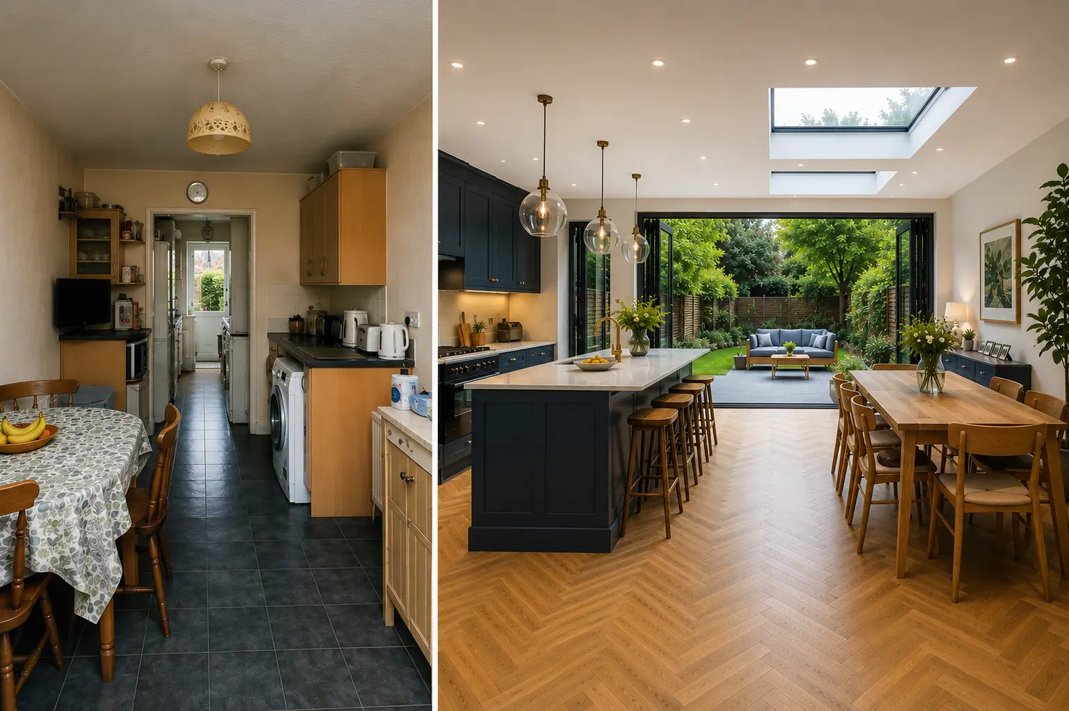 Before and after kitchen diner extension project in Peckham, South London