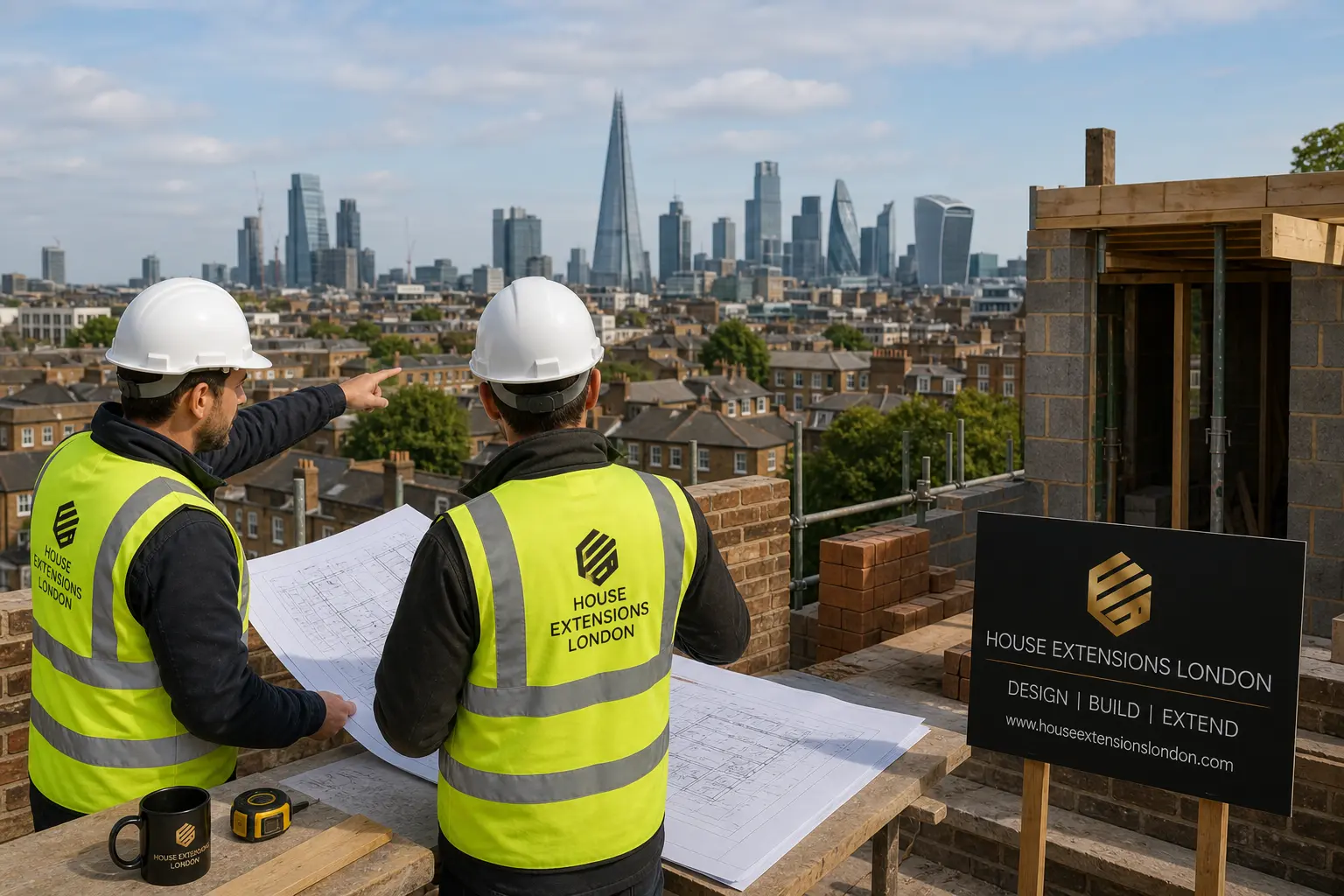 Two construction managers with London skyline planning extension project