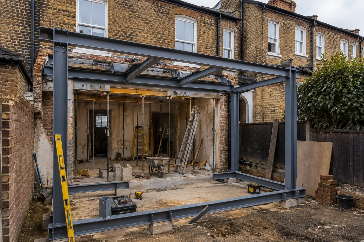 Structural steel installation during a rear extension build in West London