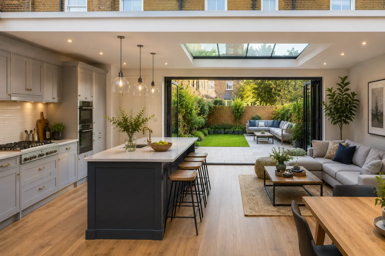 Finished West London rear extension with kitchen island and glazed rear doors