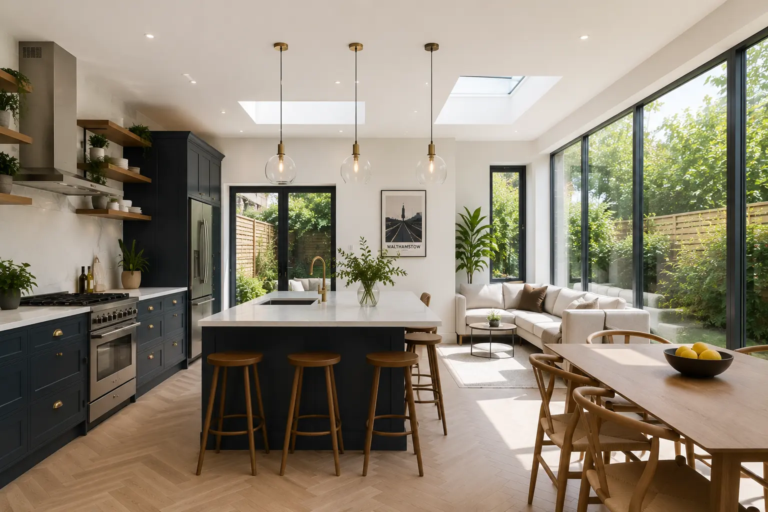 Bright open-plan kitchen in a London home with new side extension