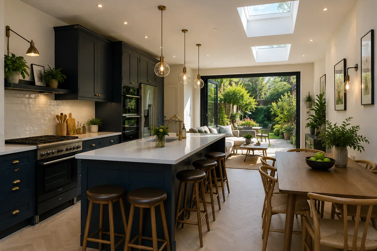 Finished kitchen diner created by a side return extension in Wimbledon
