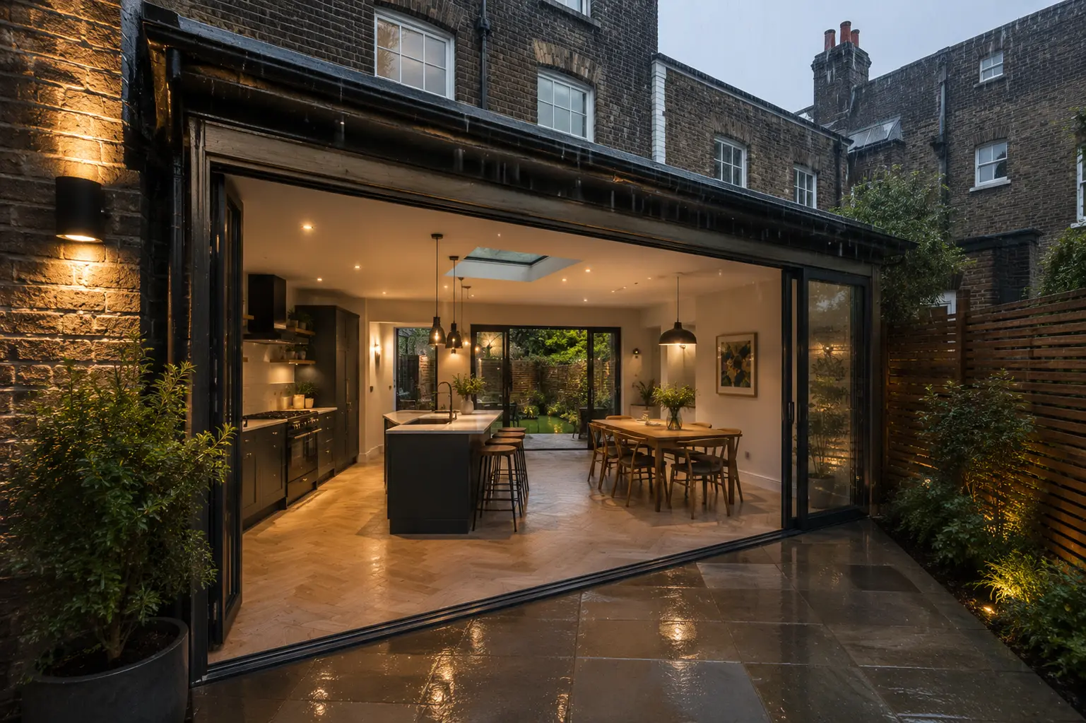 Side return kitchen extension in Clapham creating an open-plan kitchen diner with garden access