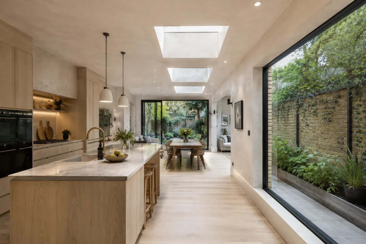 Side return kitchen extension in South London with oak island, rooflights and widened open-plan layout