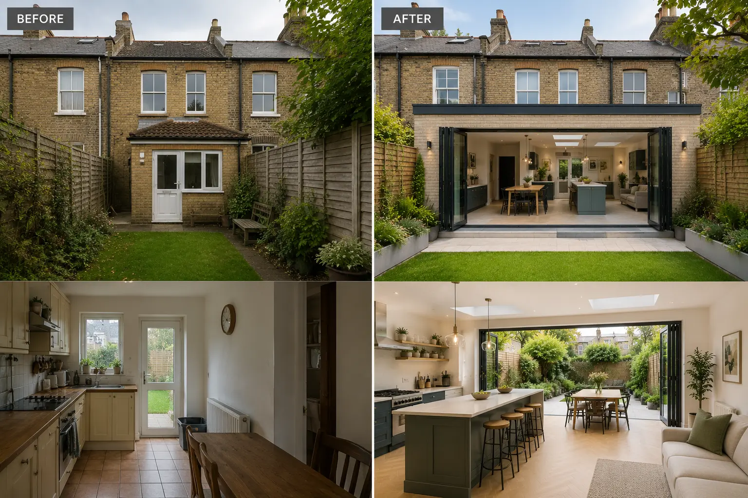 Before and after view of a single storey extension in West London
