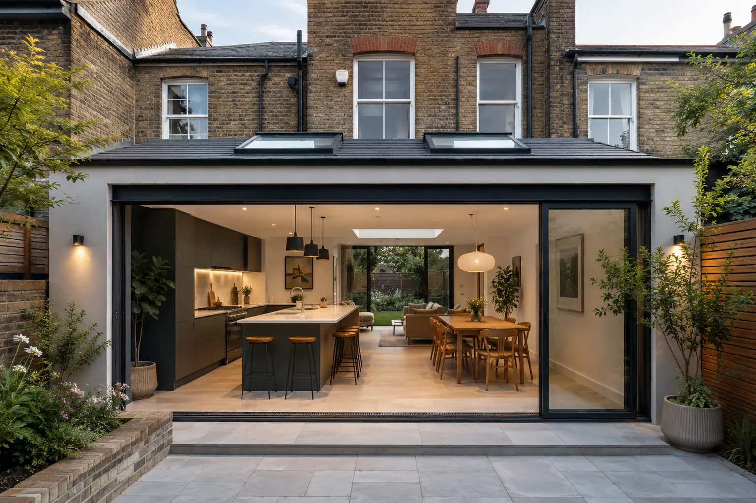 Rear kitchen extension on a Victorian terrace in Brixton, South London with rooflights and sliding doors