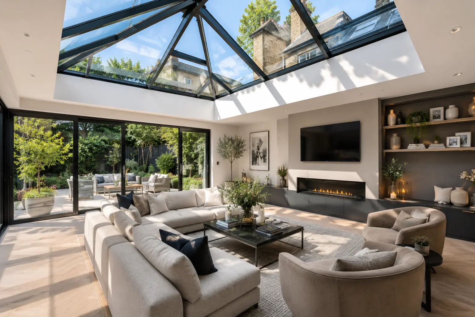 Contemporary West London home extension interior with skylight and indoor greenery