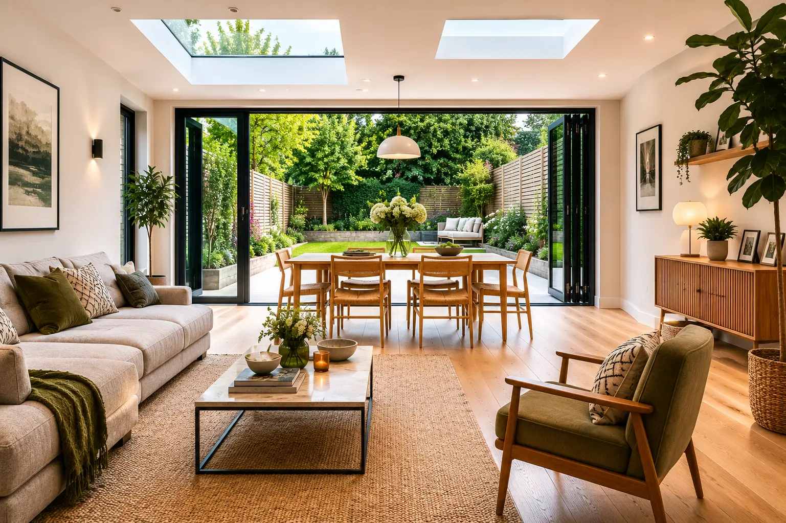 Interior view of a modern open-plan extension with living and dining space in a Wimbledon home
