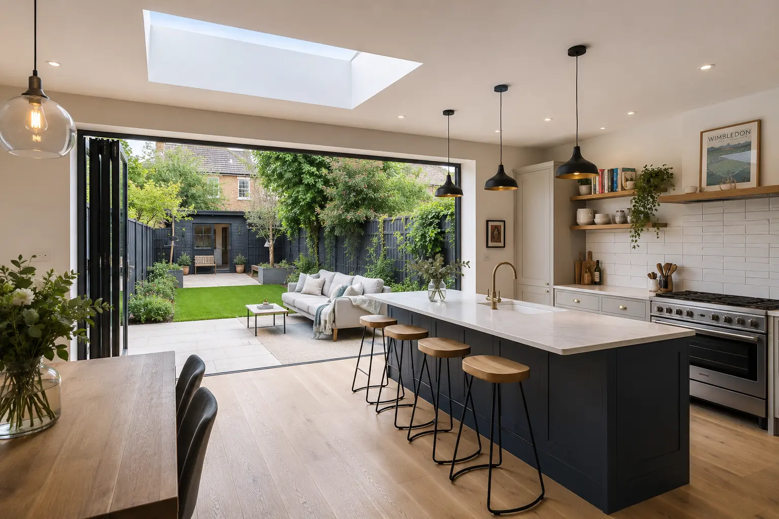 Open-plan kitchen extension with bi-fold doors in a Wimbledon home