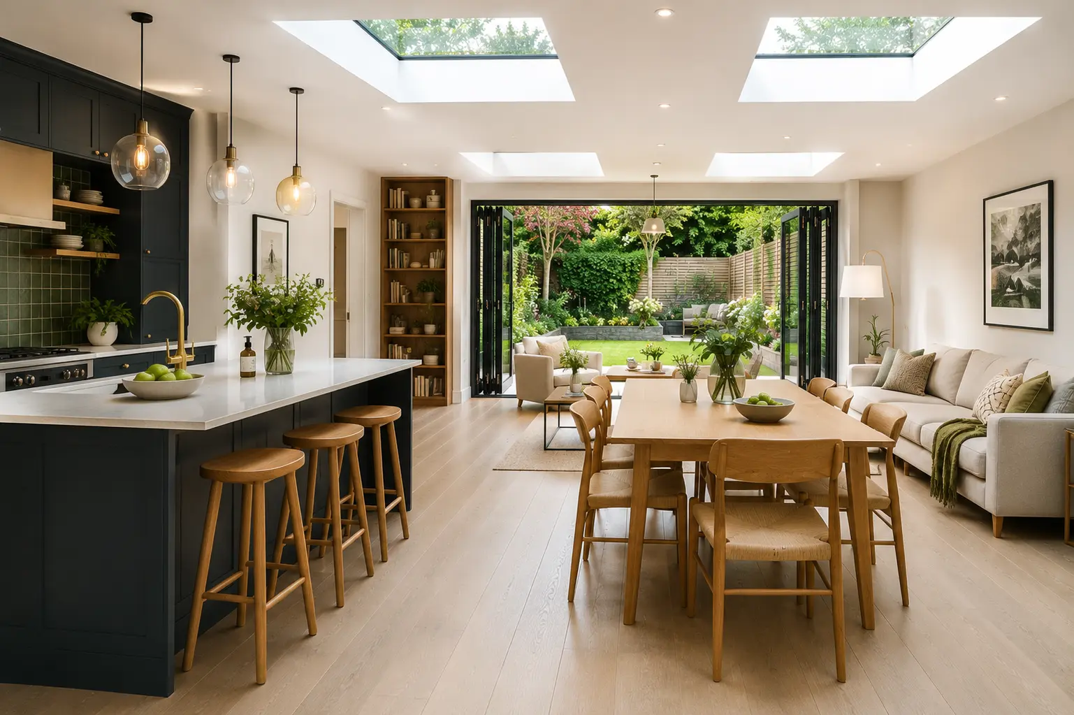 Open-plan kitchen extension with skylights in a Wimbledon property