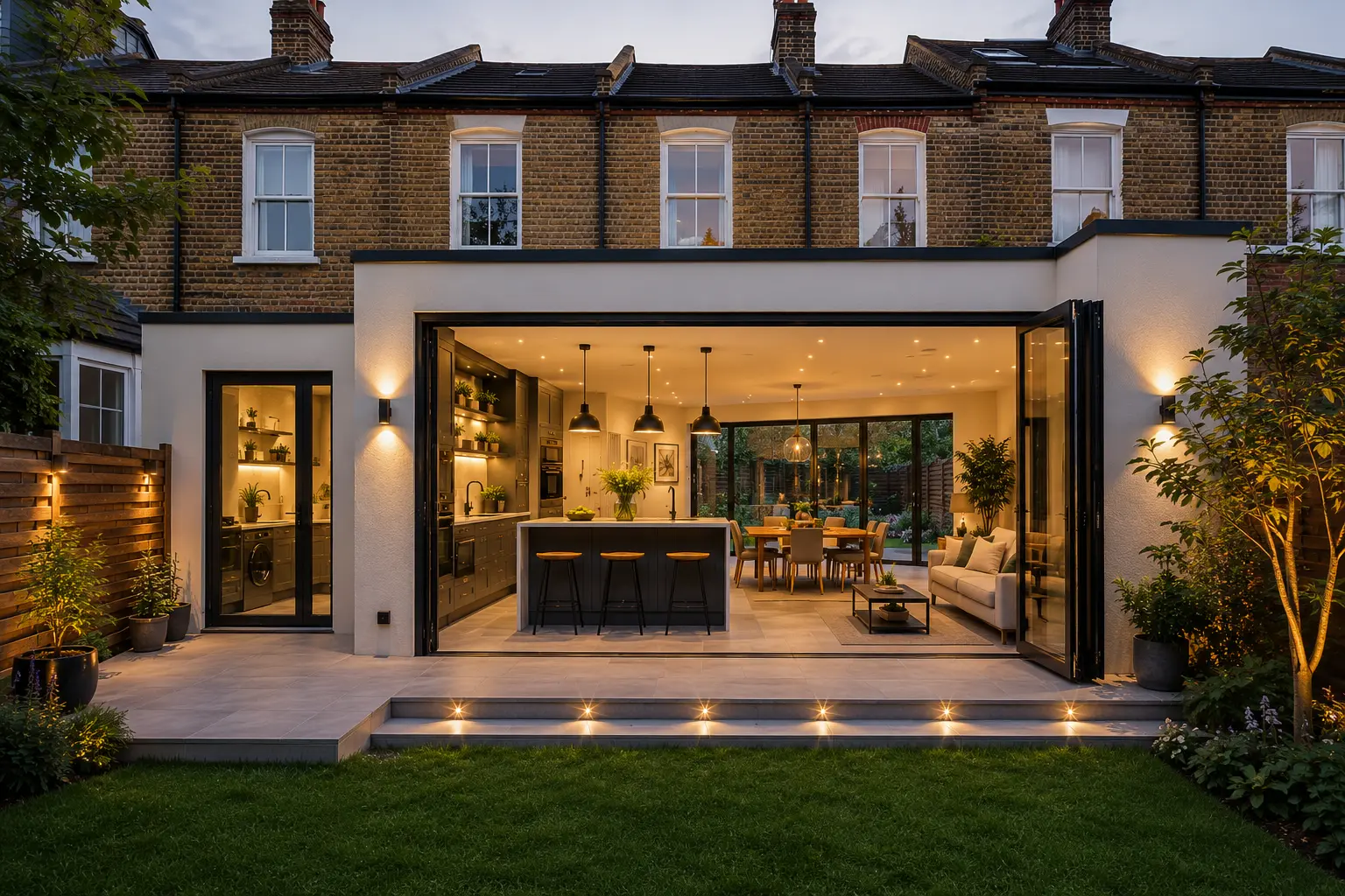 Garden-facing view of a completed wraparound extension in Wimbledon