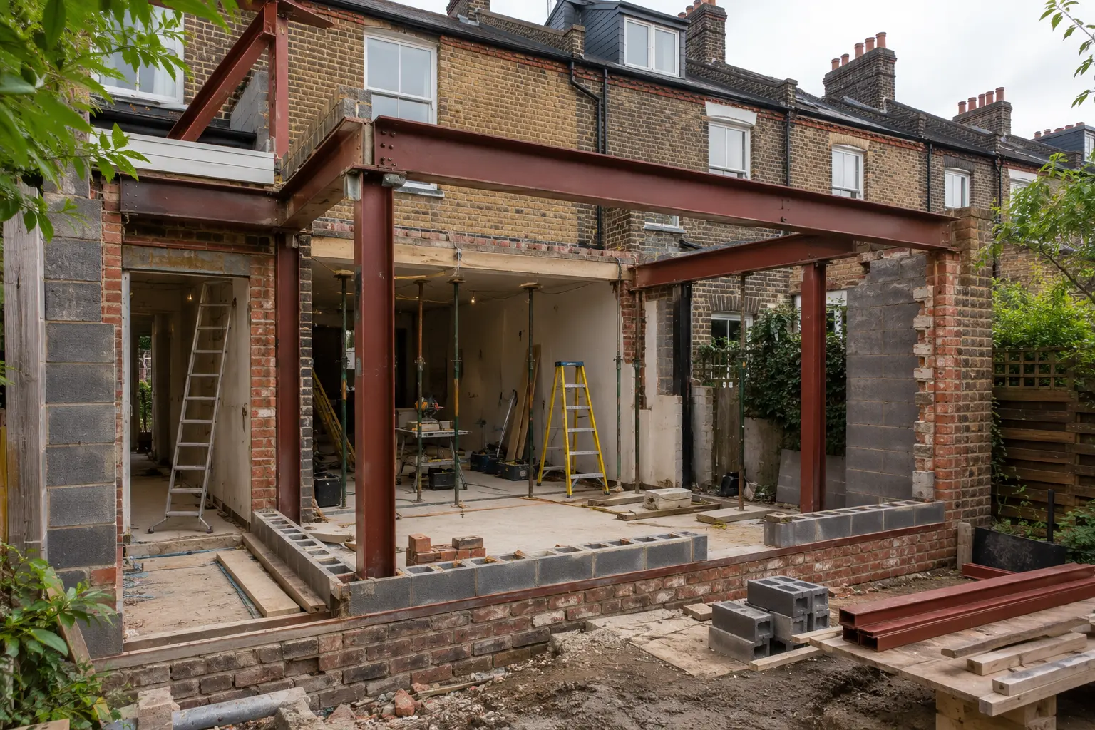 Structural steel installation during a wraparound extension in Wimbledon
