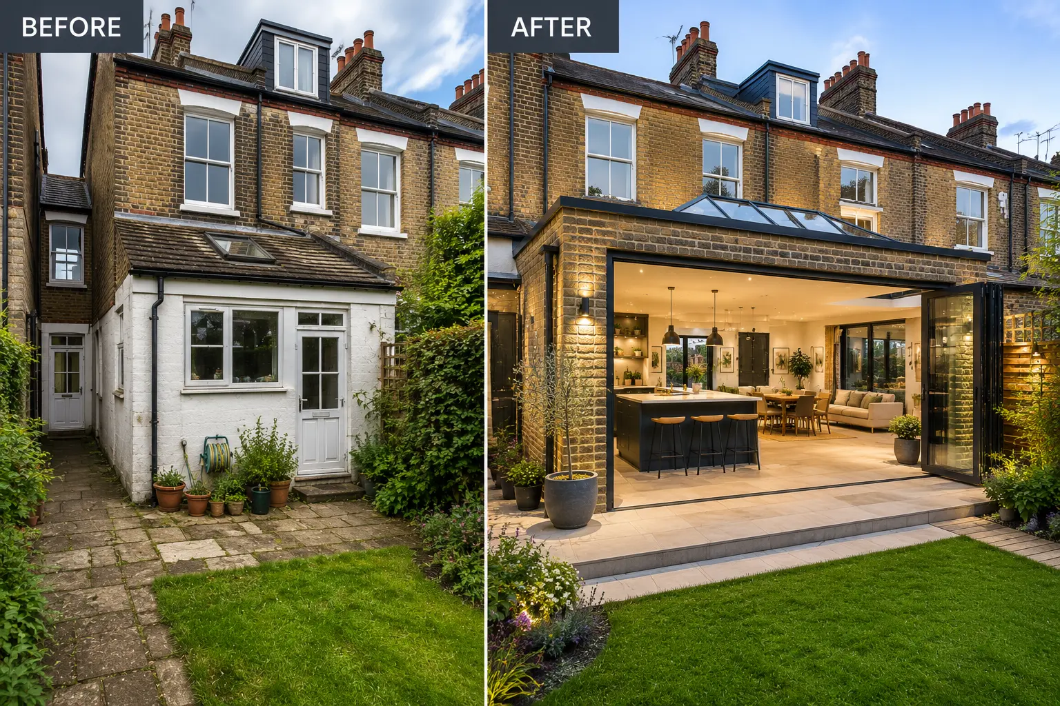 Before and after of a wraparound extension project in Wimbledon