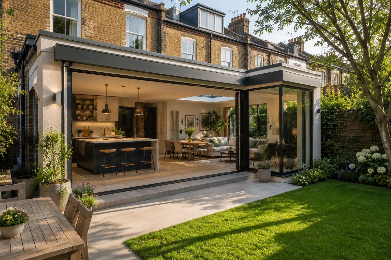 Sliding doors opening from a Wimbledon wraparound extension to the garden