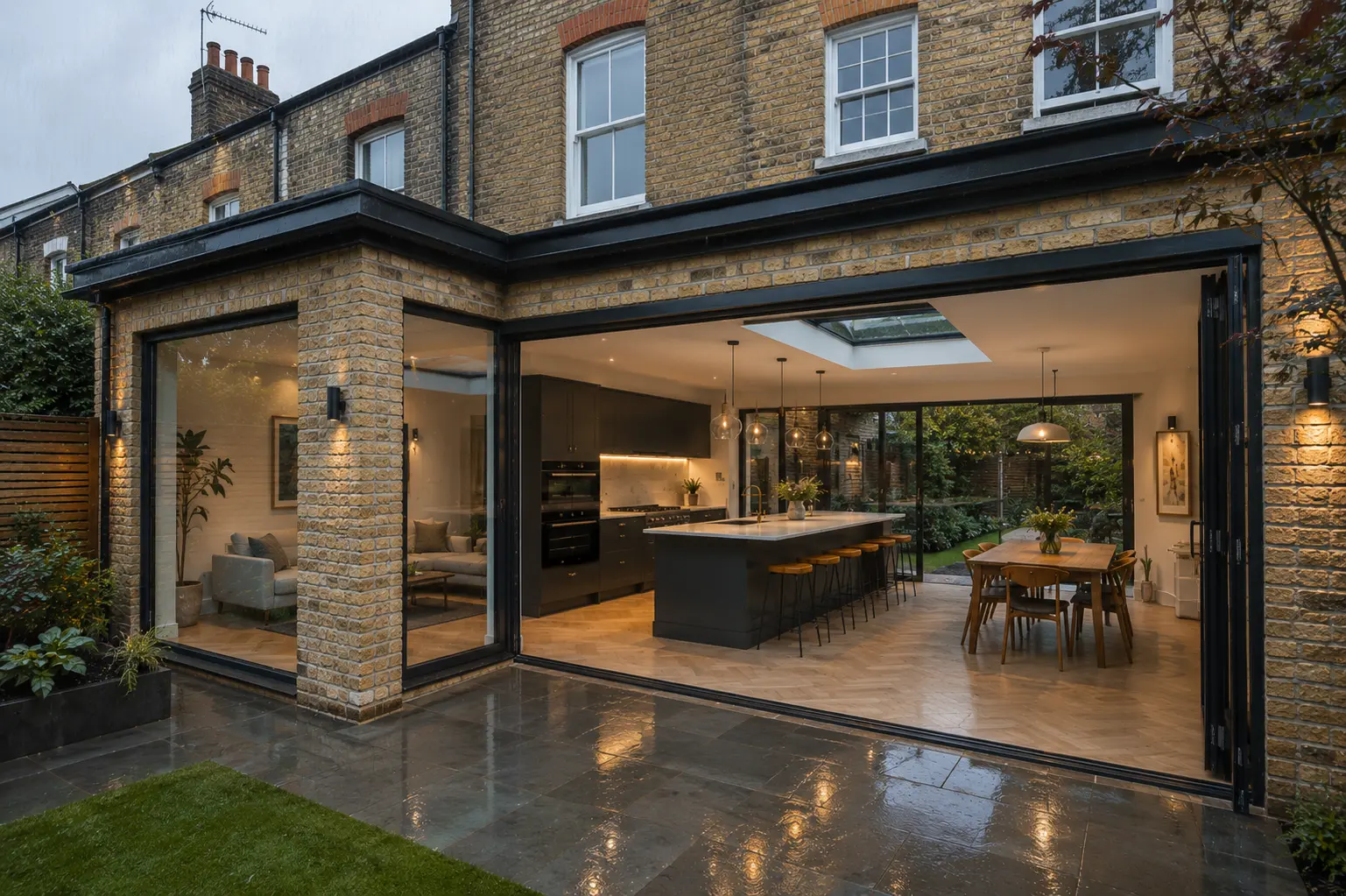 Wraparound kitchen extension in Dulwich with island seating, roof glazing and London stock brick