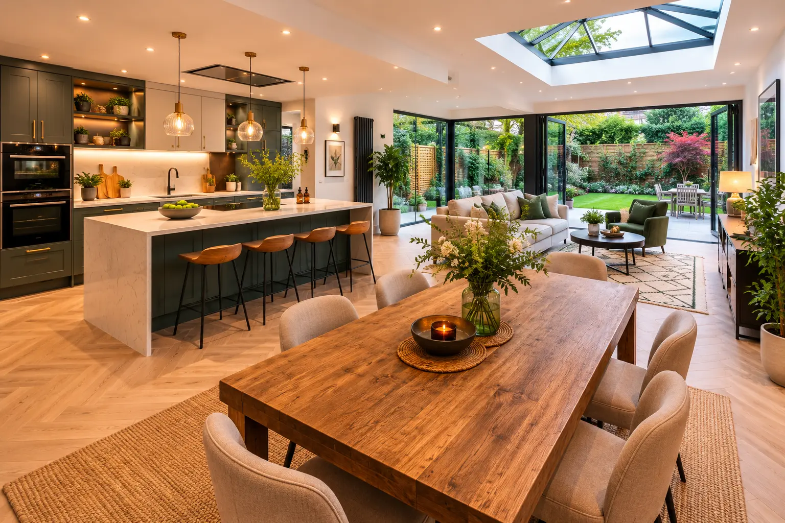Open-plan kitchen diner inside a Wimbledon wraparound extension